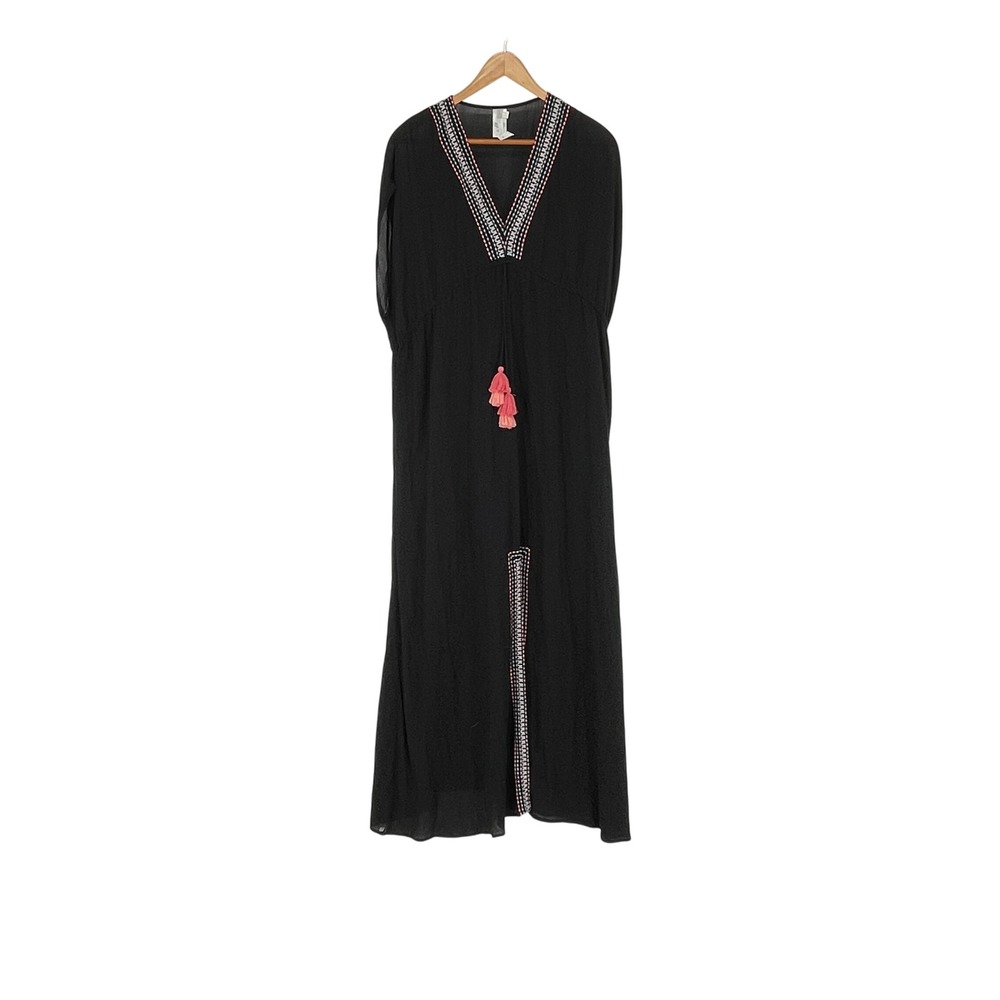 Seafolly Black Beach Maxi Kaftan Dress Embroidered Tassel Side Slit Size XS Boho